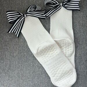White Pilates Socks with Black and White Striped Bow